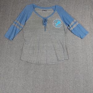 NFL TEAM APPAREL WOMEN GRAY BLUE DETROIT LIONS FOOTBALL 3/4 SLEEVE LACE UP TOP L